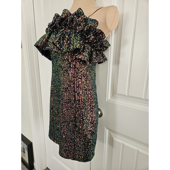 thirty thirty Sequin & Ruffle Mini Dress Iridescent Prom Club Concert Party L M - Picture 3 of 11